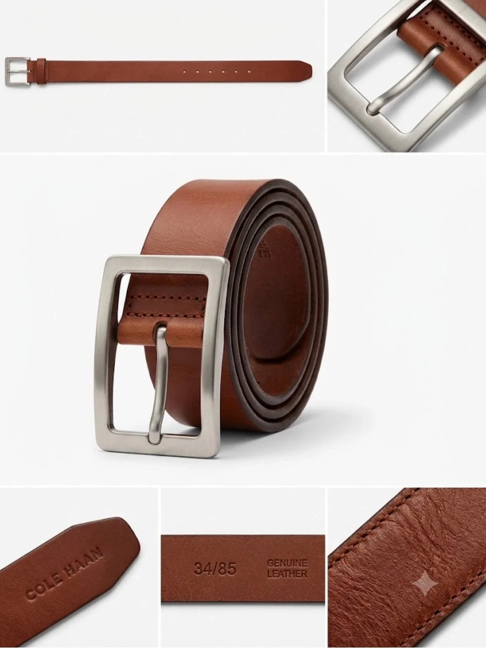 Cole Haan Genuine Leather Brown Belt Silver Rectangle Buckle Size 34/35